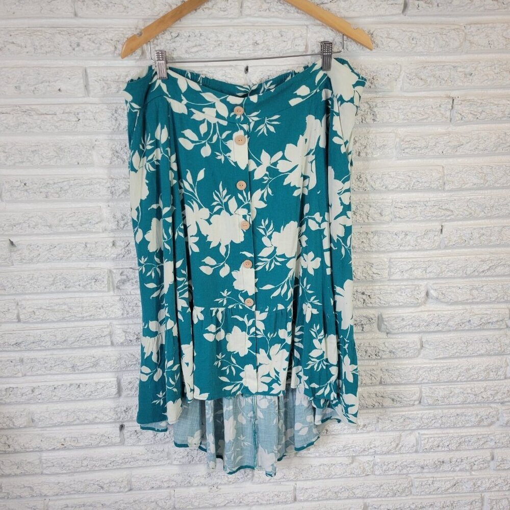 Torrid Women Skirt 2 2X Plus Asymmetric Green Floral Deco Buttons Pockets FLO60E